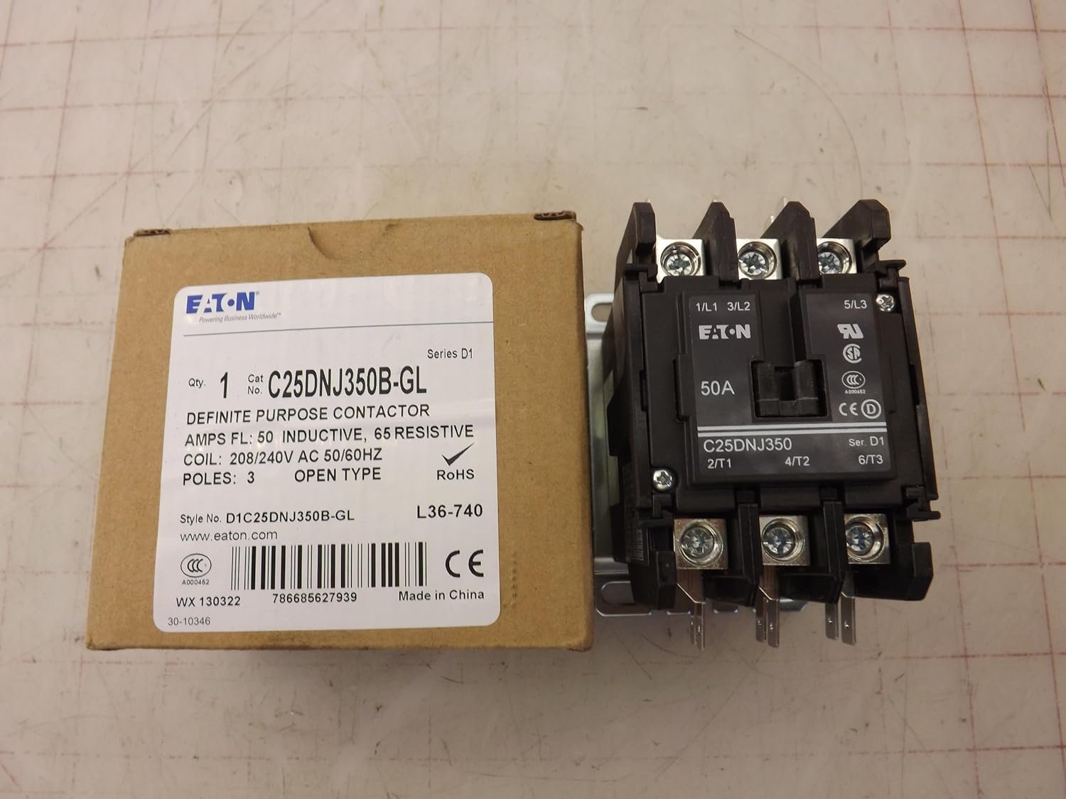 Eaton - Cutler Hammer C25DNJ350B Definite Purpose Control Contactor, 3 Pole, 50A, 240 Vac Coil
